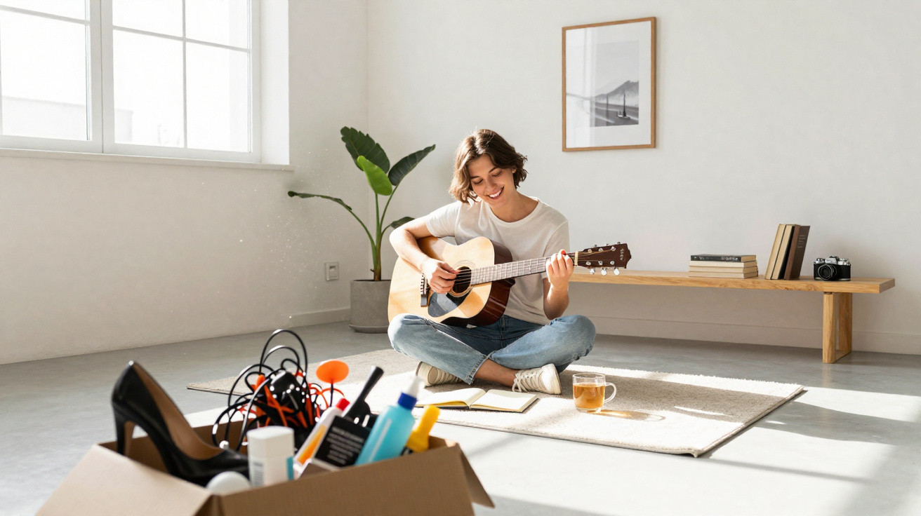 Pessoa sentada no chão a tocar guitarra num ambiente luminoso e minimalista com uma caixa e objetos pessoais.