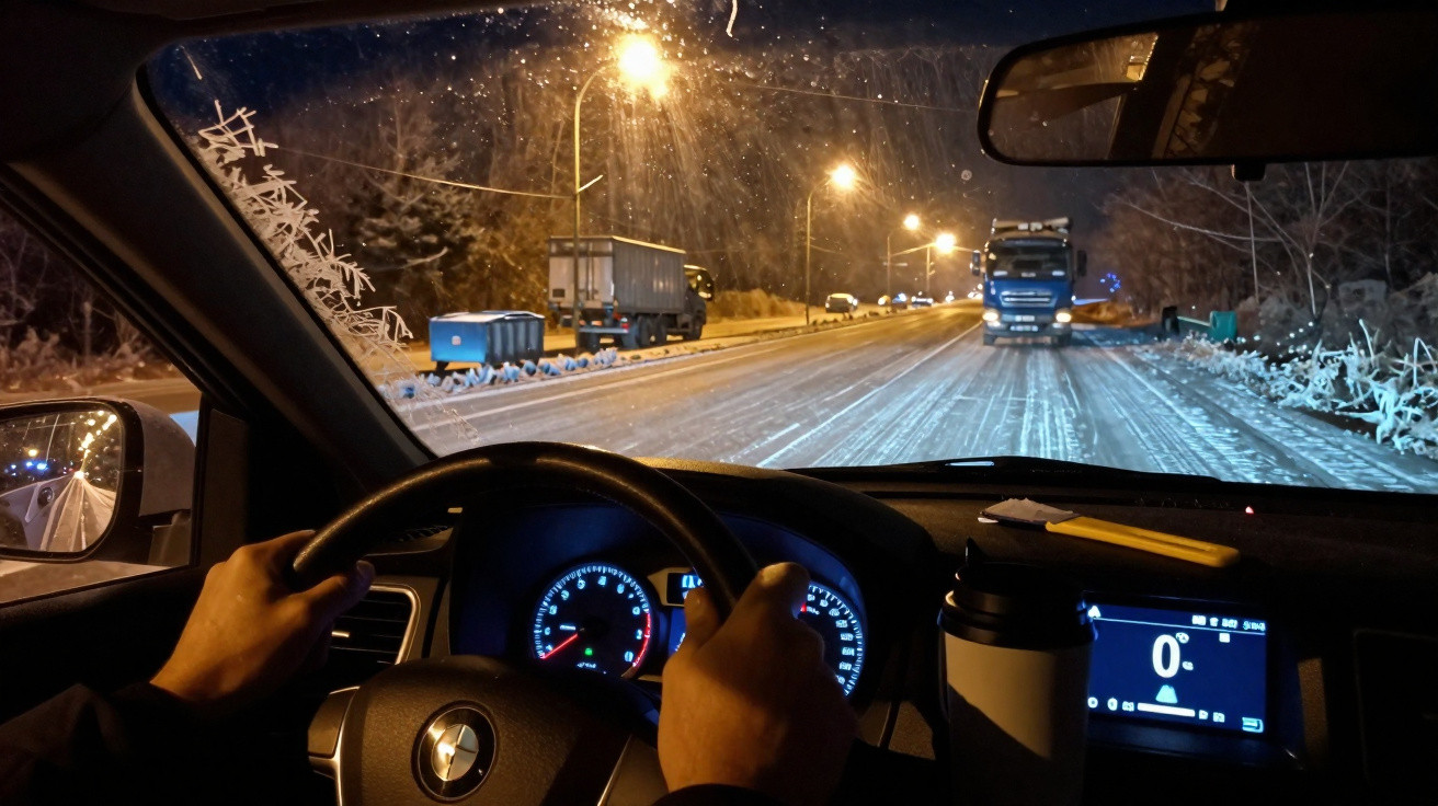 Vista noturna da estrada com camião, conduzindo um carro com volante e marcador visíveis, estrada com neve.