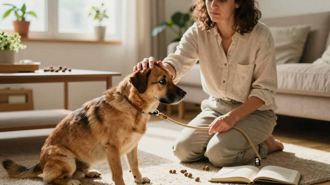 Mulher acaricia um cão de porte médio sentado numa sala iluminada com plantas e livro aberto no chão.