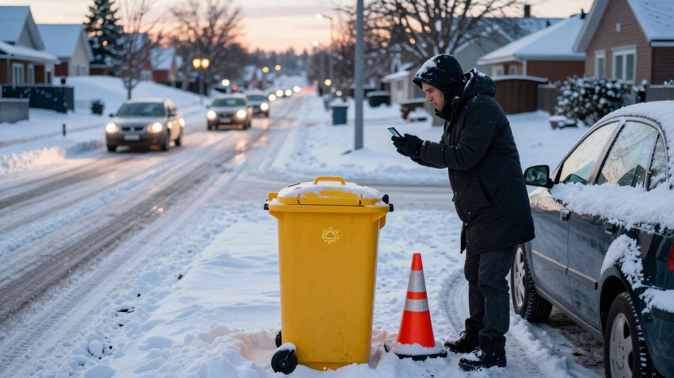 Homem vestido de inverno utiliza telemóvel junto a contentor amarelo e sinalização numa rua coberta de neve.