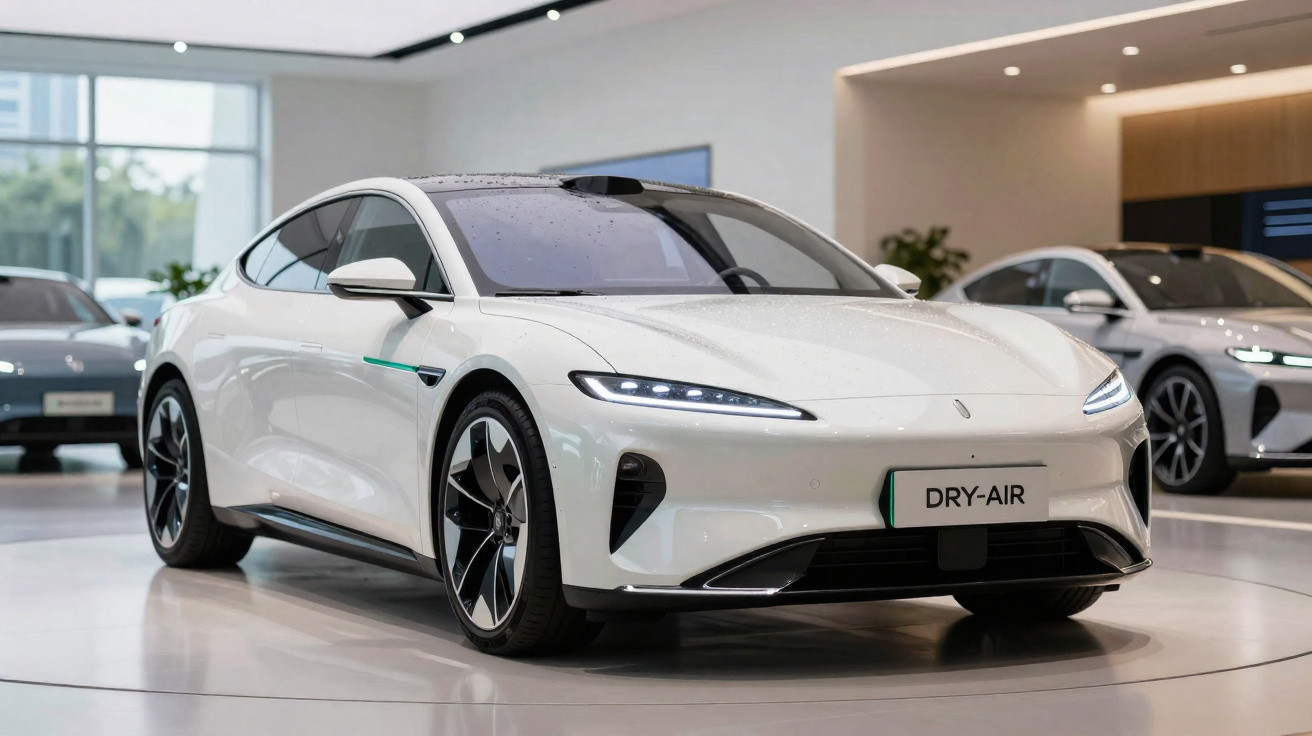 Carro elétrico branco moderno exposto em sala de showroom com iluminação interna suave.