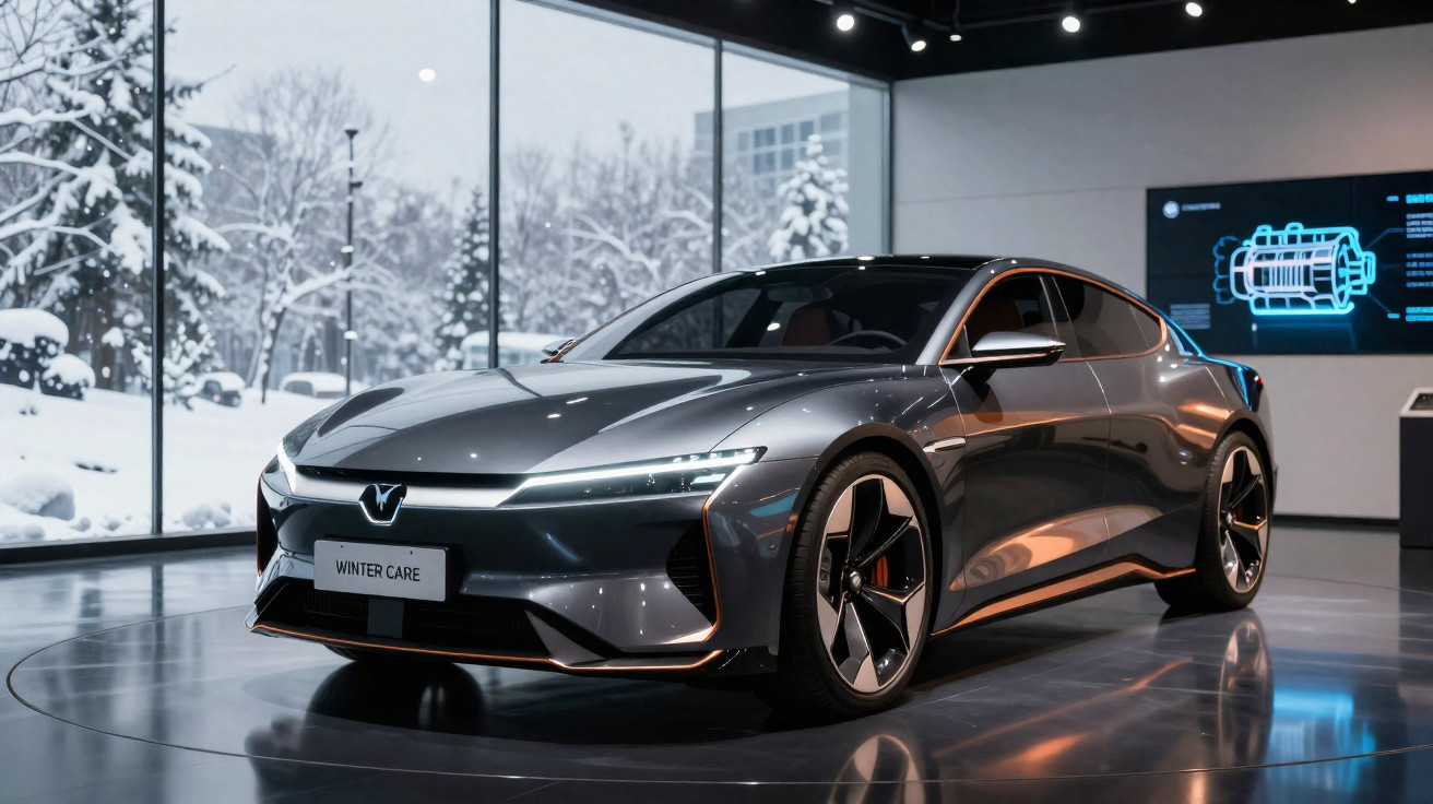 Carro elétrico cinzento brilhante numa exposição moderna com neve visível através das janelas amplas.