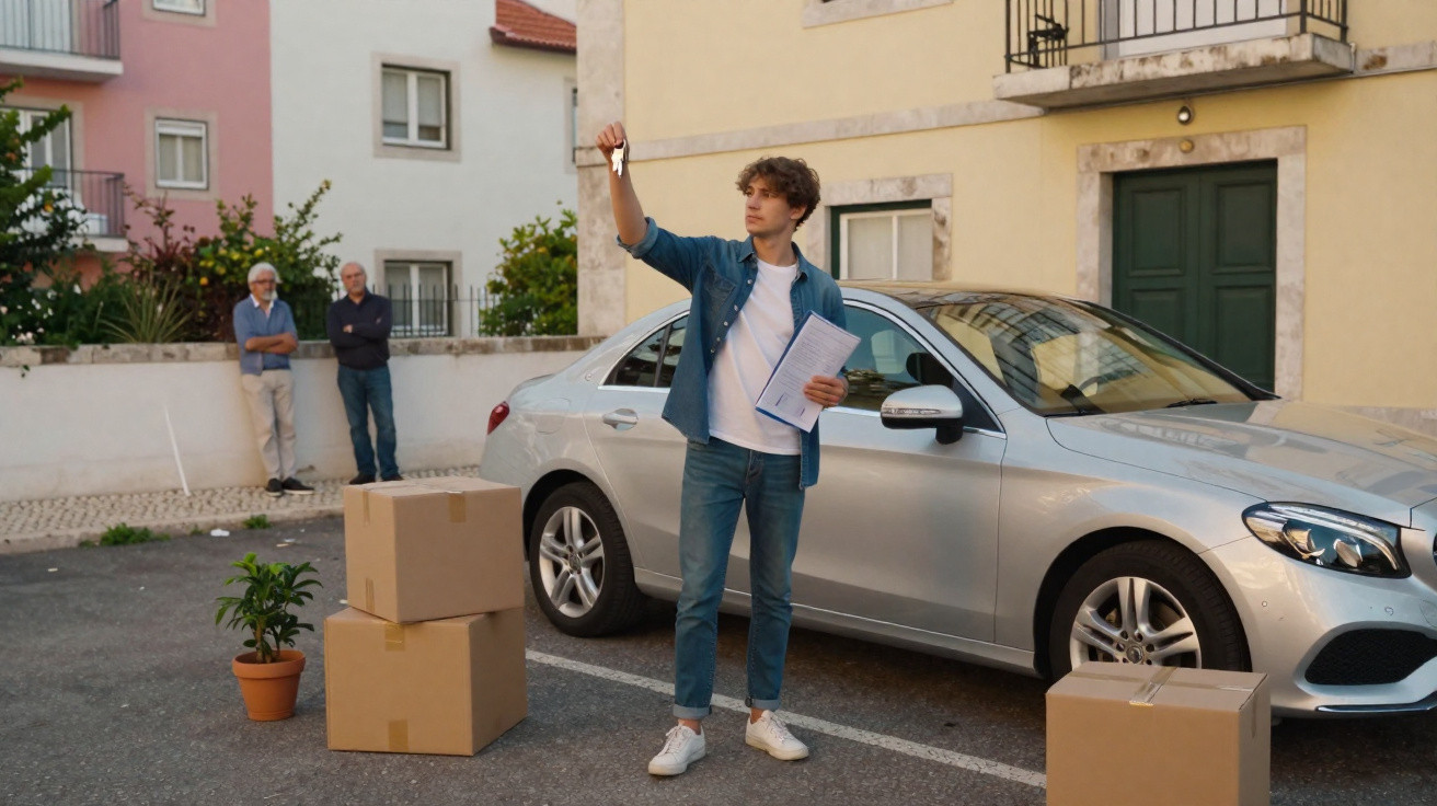 Jovem com chave e documentos junto a carro prateado e caixas, com duas pessoas a observar ao fundo numa rua.