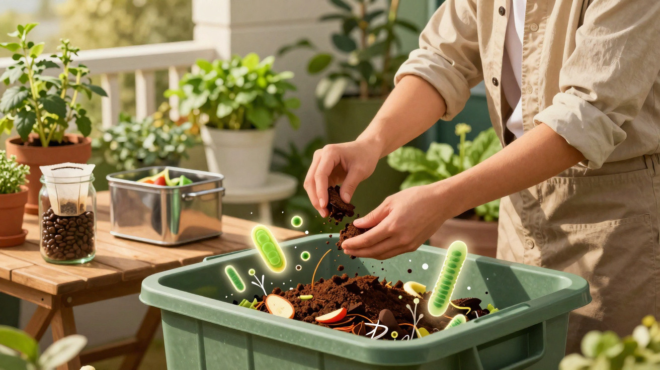 Pessoa a fazer compostagem doméstica com restos de alimentos numa varanda com plantas em vasos.