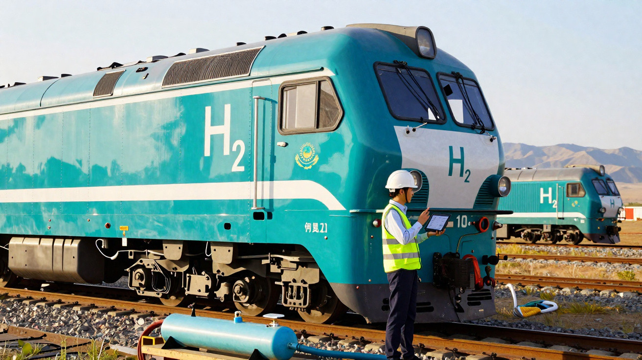 Comboios azuis de hidrogénio H2 numa estação, com trabalhador de capacete e colete a utilizar tablet.