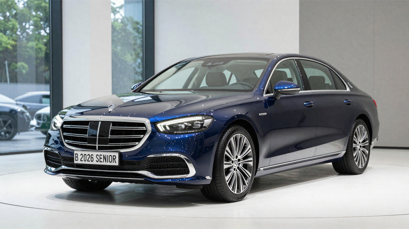 Carro Mercedes-Benz azul escuro elegante estacionado em exposição interior com placas B 2026 SENIOR.