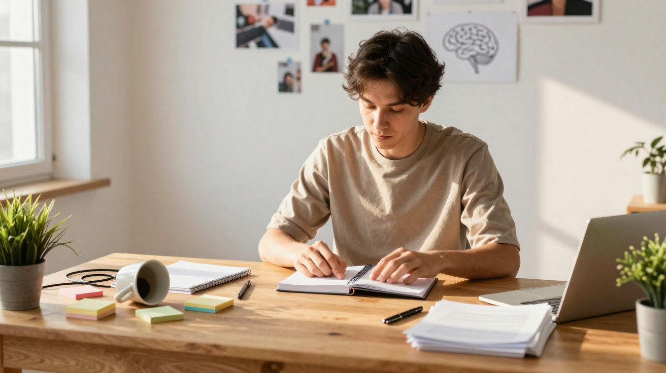 Jovem a estudar num escritório com caderno, notas adesivas, computador portátil e plantas na secretária.