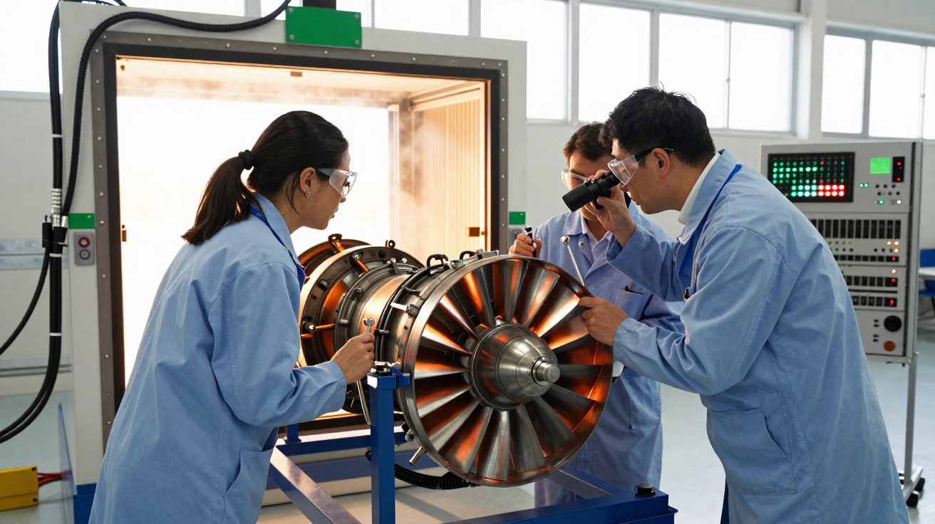 Três engenheiros em blusas azuis e óculos de proteção inspecionam um motor a jato numa instalação técnica.