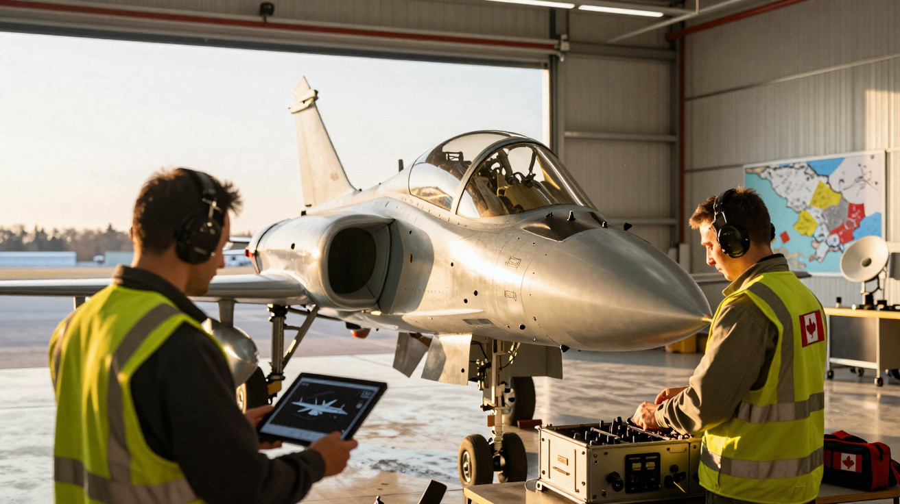 Dois técnicos em colete refletores e auscultadores trabalham na manutenção de um jato militar numa hangar.