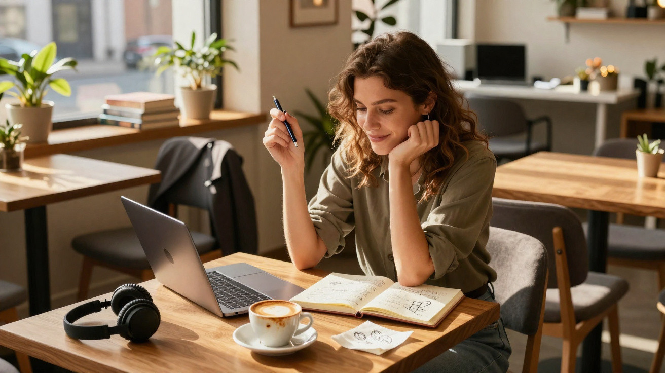 Mulher jovem sorridente a trabalhar num caderno com laptop e café numa cafetaria iluminada pela luz natural.