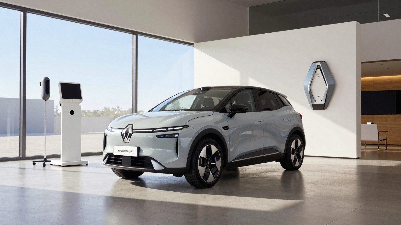Carro elétrico cinza estacionado em showroom moderno com grandes janelas e dispositivos de carregamento.