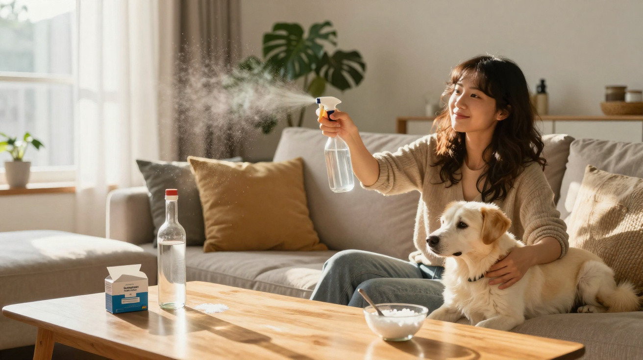 Mulher a pulverizar spray num sofá enquanto segura um cão branco num ambiente acolhedor e iluminado.