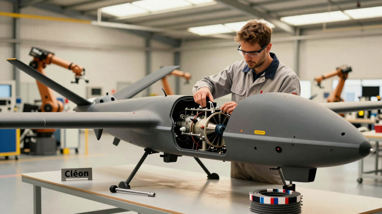 Engenheiro a trabalhar no motor de um drone cinzento num laboratório industrial moderno.