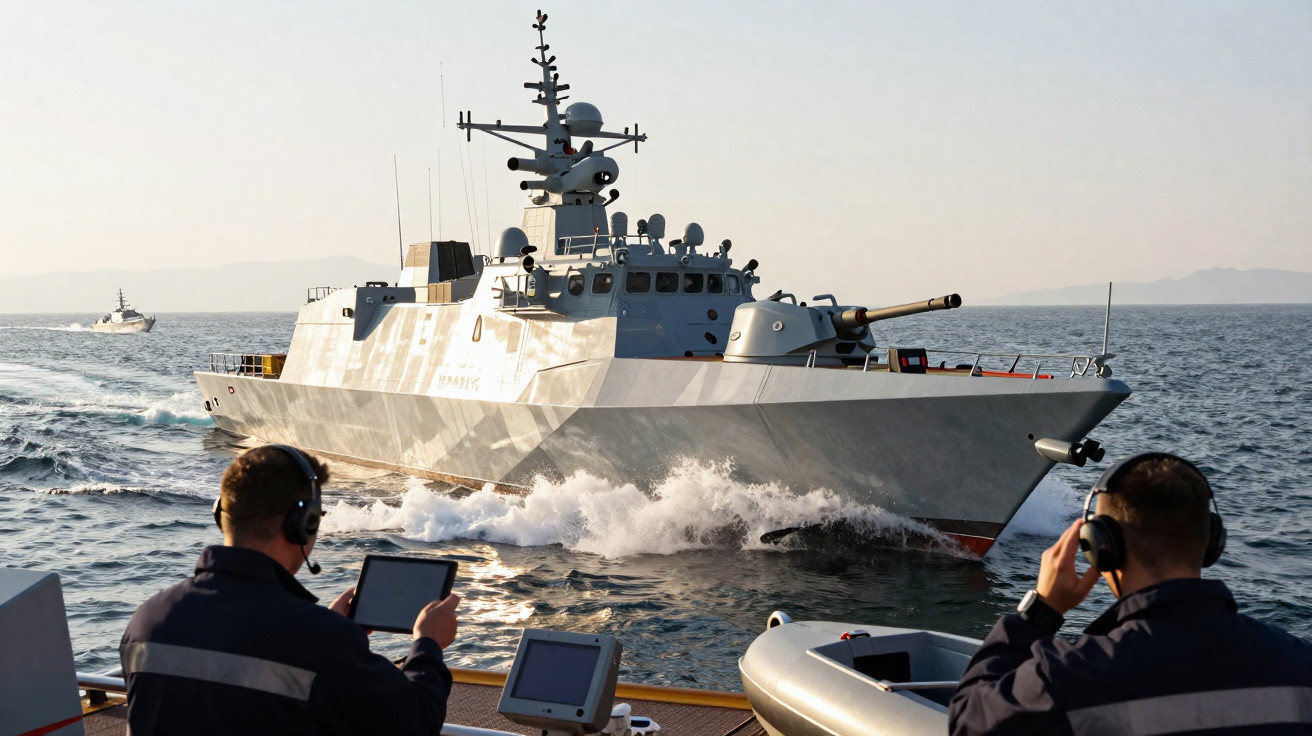 Navio de guerra cinzento em mar calmo com dois homens vestidos com farda e auscultadores observando com dispositivos.