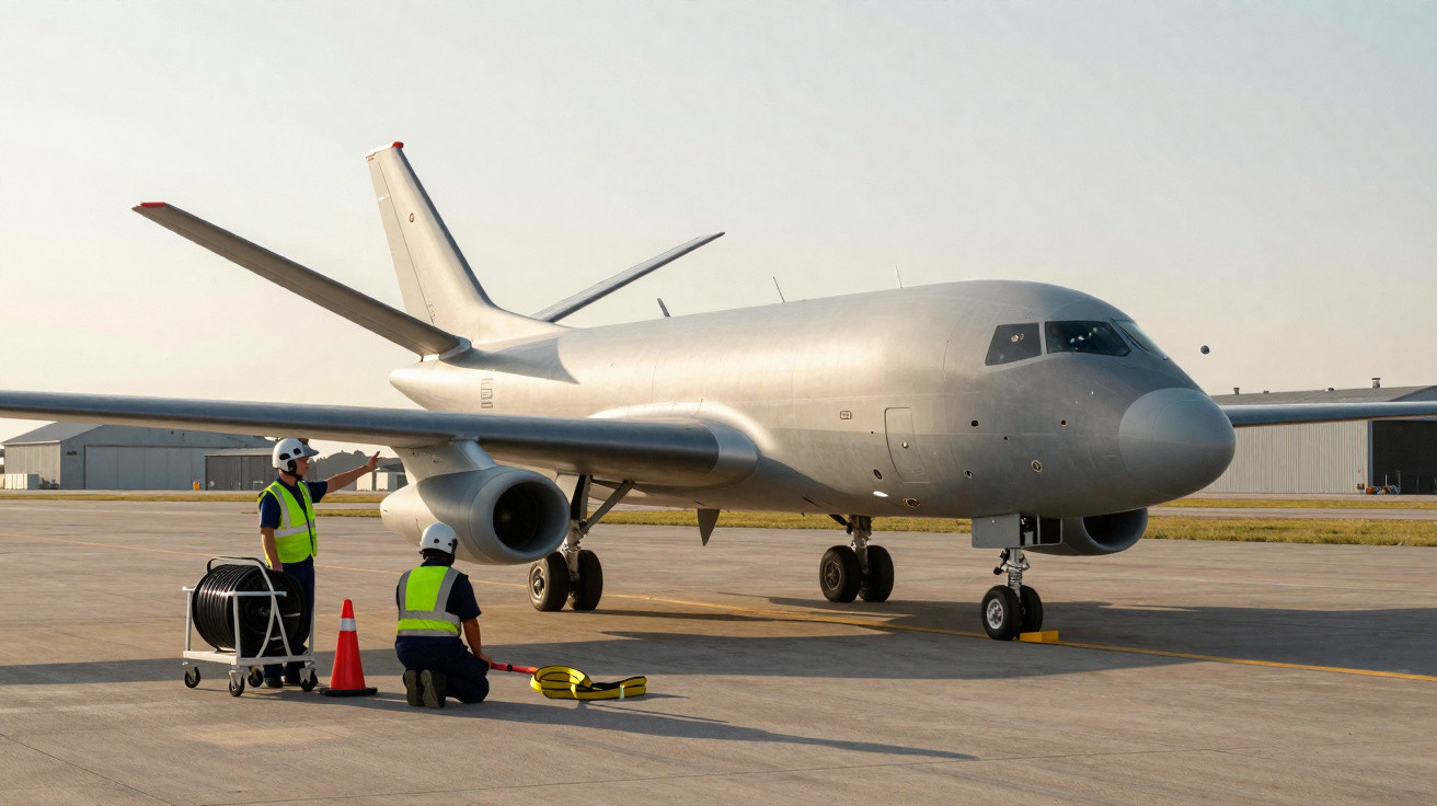 Avião blindado cinza estacionado com dois técnicos de segurança em coletes reflectores no aeroporto.