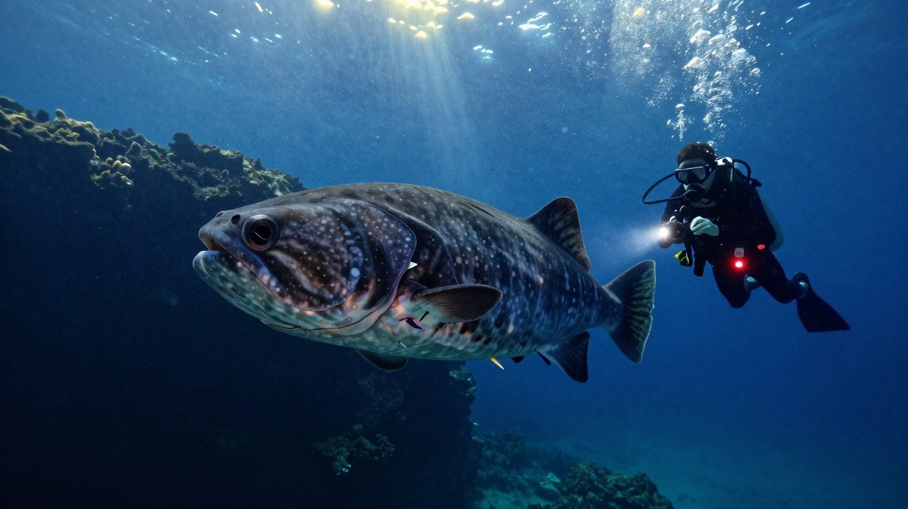 Mergulhador subaquático a iluminar um peixe grande e escuro perto de um recife de coral.