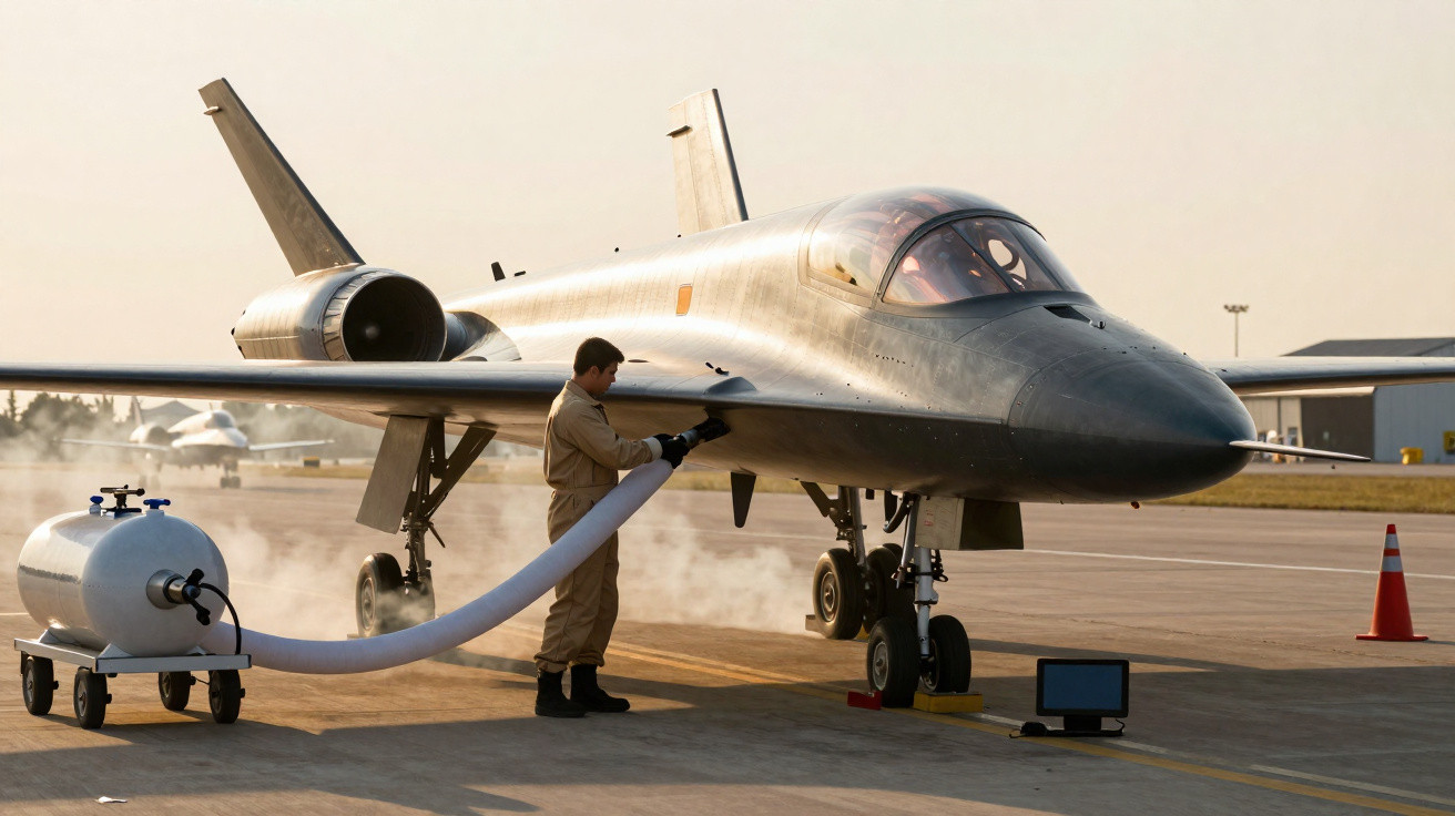 Piloto em uniforme realiza combustível num jato militar cinzento estacionado numa pista de aeroporto ao entardecer.