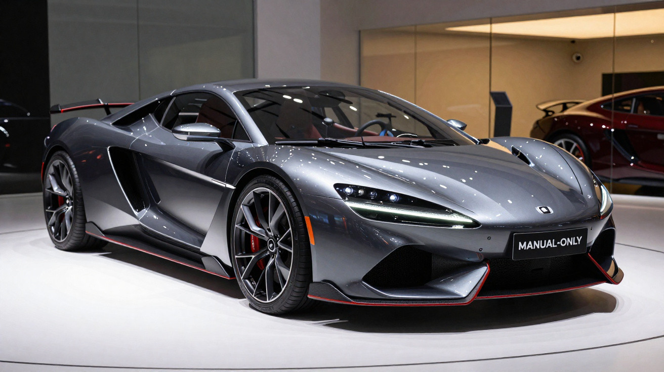 Carro desportivo cinzento metálico estacionado num salão de automóveis com luzes brilhantes refletidas no capô.