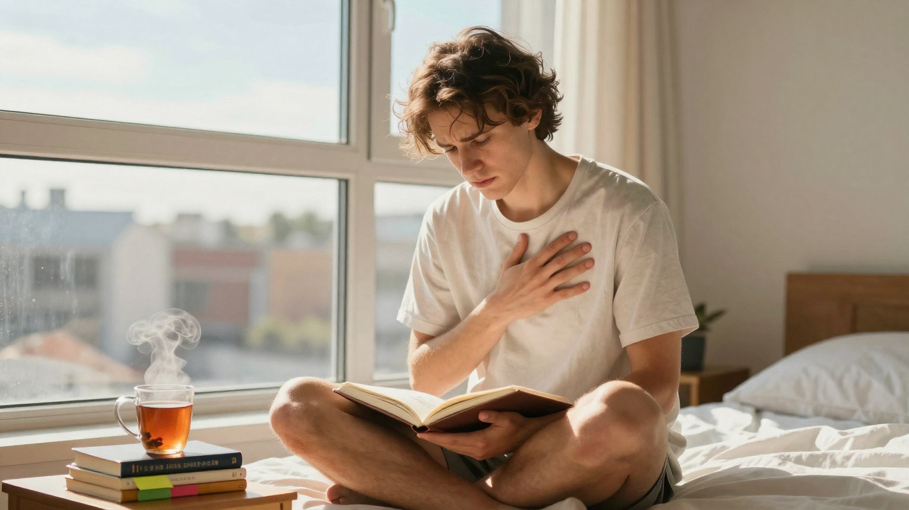 Jovem sentado na cama a ler um livro, com chá quente numa mesa ao lado e luz natural na janela.