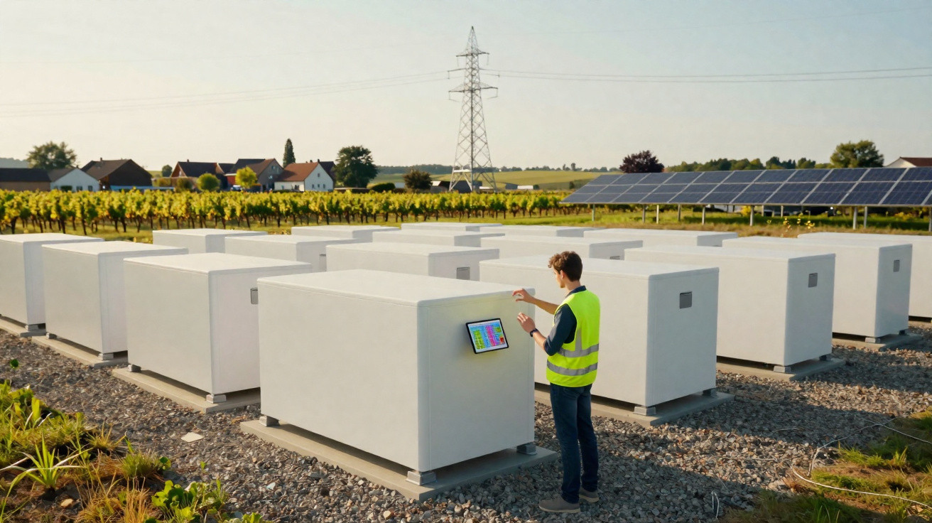 Homem com colete refletor controla sistemas de armazenamento de energia junto a painéis solares num campo.