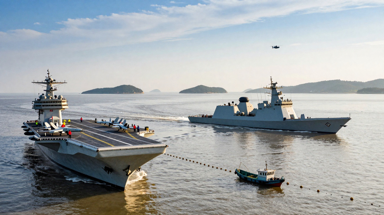 Porta-aviões e navio de guerra com helicóptero voando sobre o mar, ao largo de ilhas.