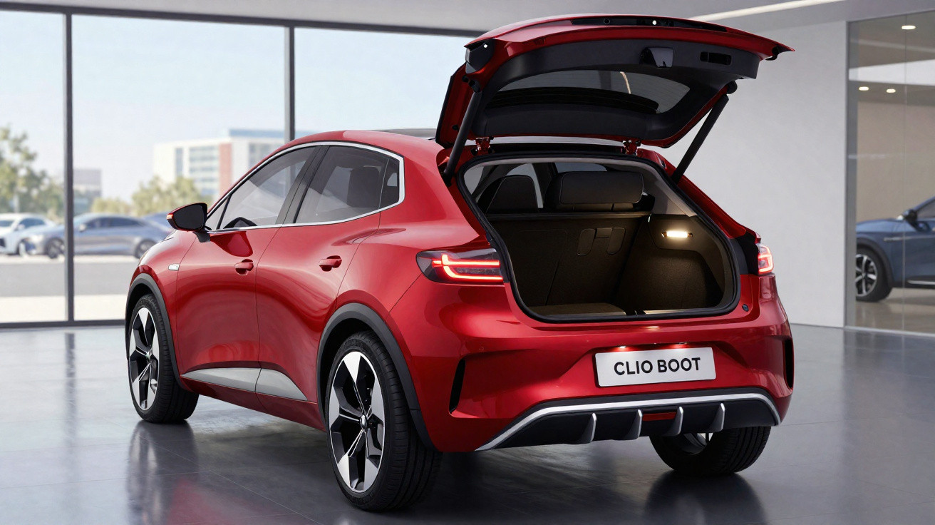 Carro elétrico vermelho com porta da bagageira aberta num showroom moderno e luminoso.