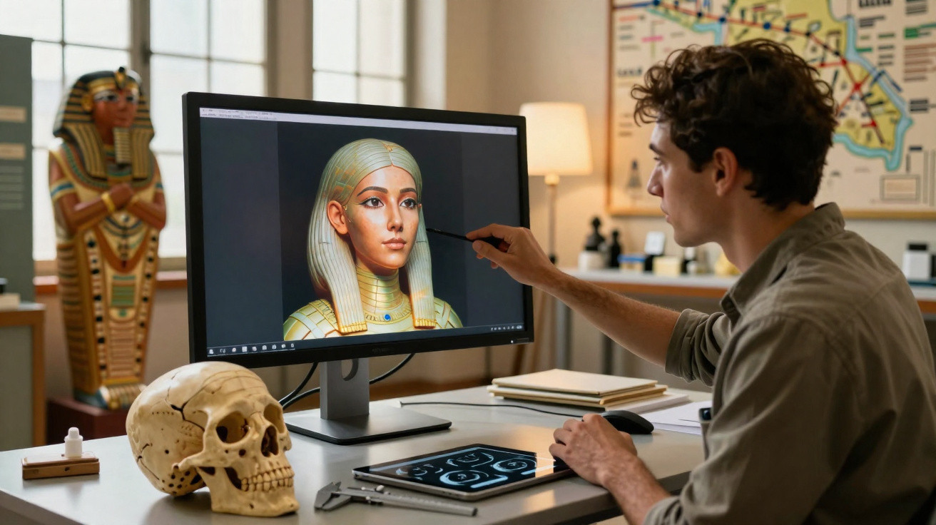 Homem a desenhar digitalmente retrato artístico antigo com elementos egípcios num computador.