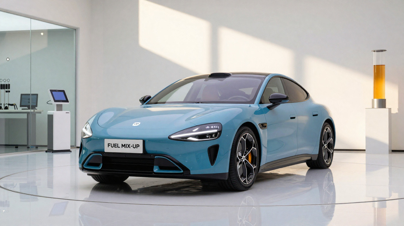 Automóvel elétrico azul em exposição numa sala moderna com chão branco e luz natural.