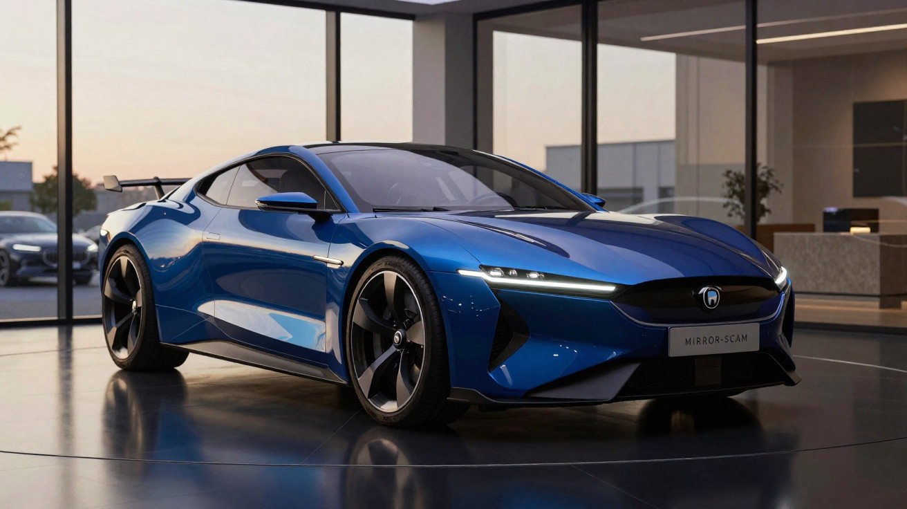 Carro desportivo azul metálico com design aerodinâmico exposto em showroom moderno e iluminado.