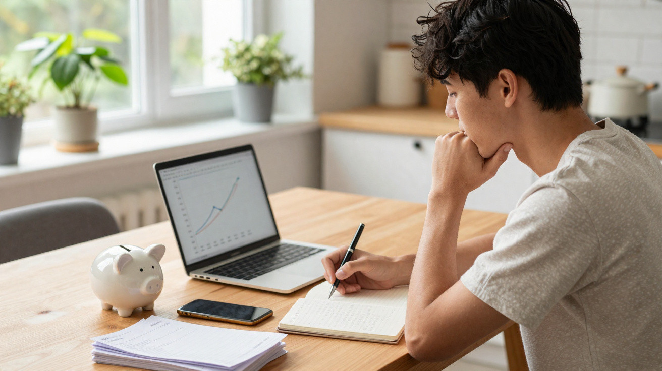 Homem a analisar gráficos financeiros num portátil enquanto escreve num caderno numa mesa com cofrinho e documentos.
