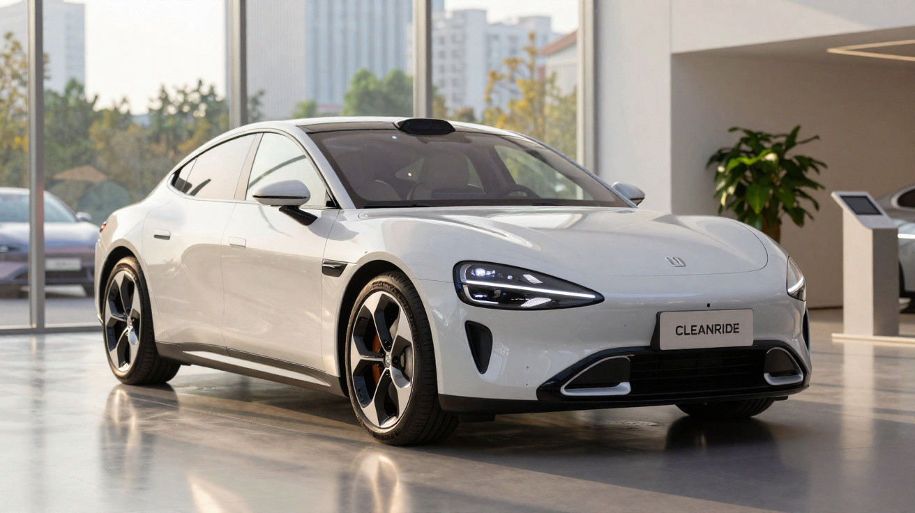 Carro elétrico branco moderno estacionado num showroom com janelas grandes e vista urbana ao fundo.