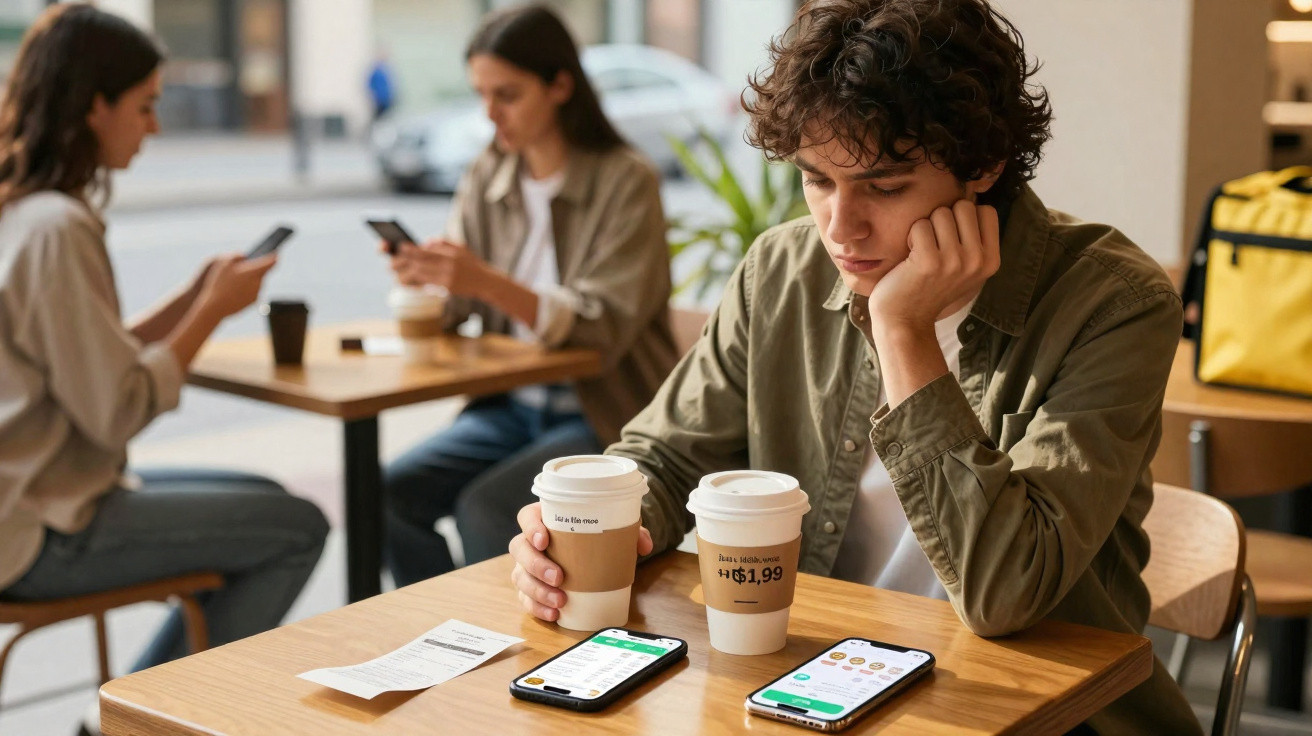 Jovem sentado num café com dois copos de café e dois telemóveis numa mesa, olhando para um dos ecrãs.