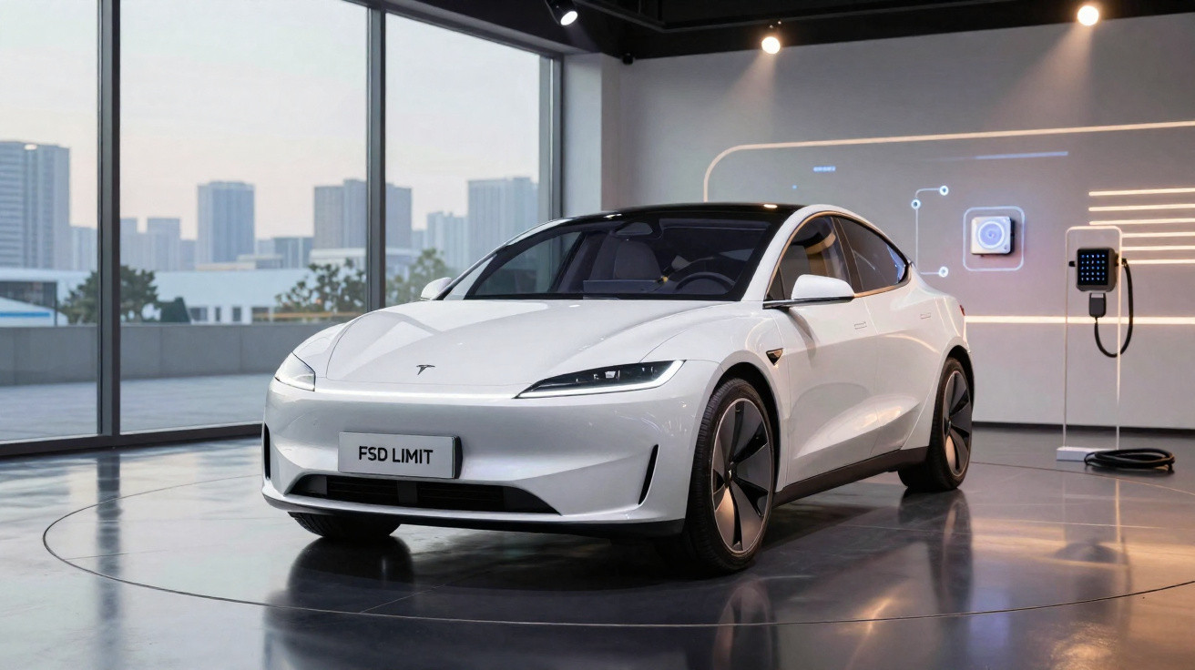 Carro elétrico Tesla branco estacionado numa sala moderna com carregador na parede e vista urbana através da janela.