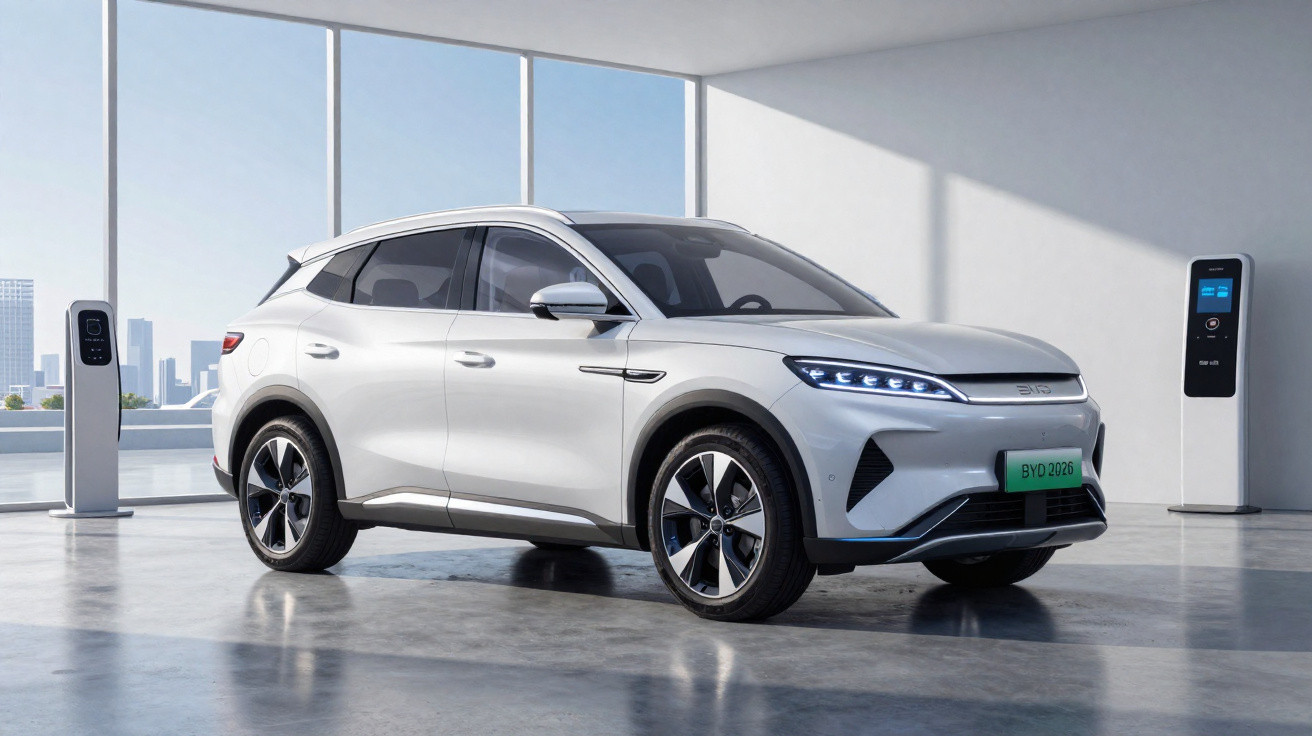 Carro elétrico branco moderno estacionado numa garagem espaçosa com estações de carregamento junto a janelas grandes.