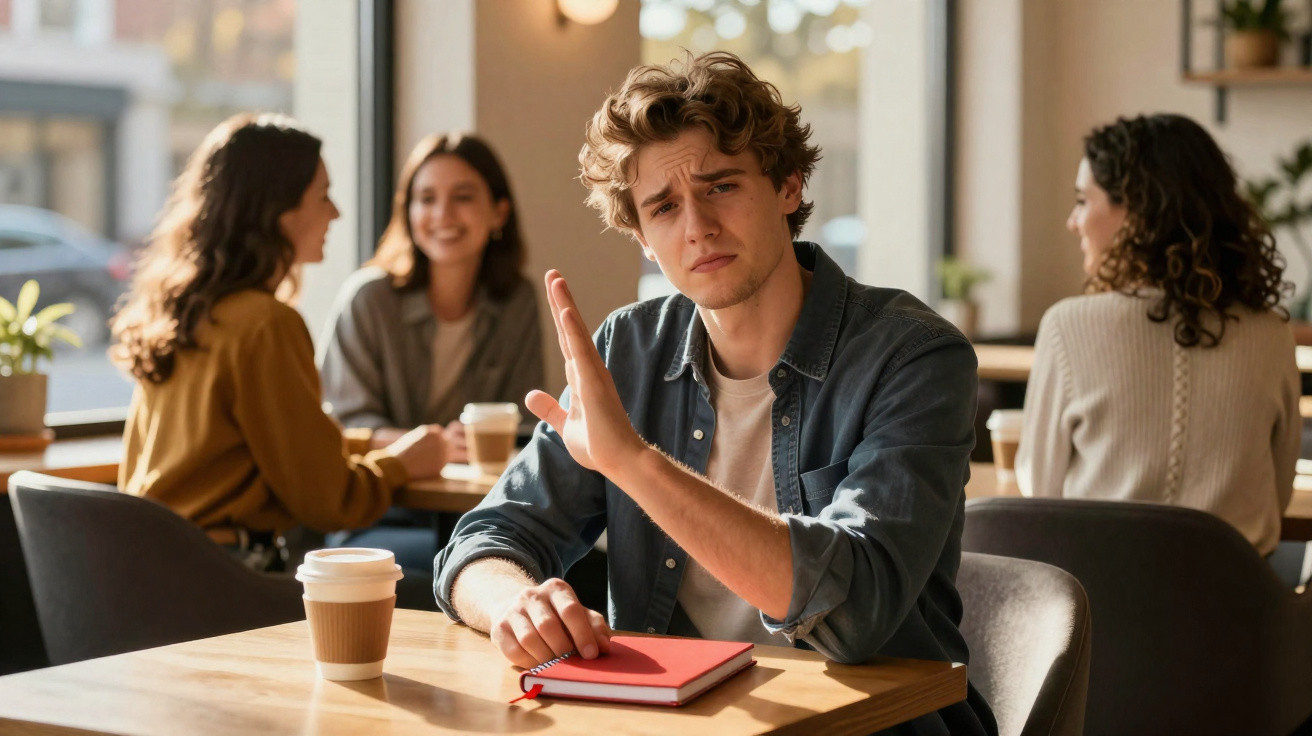 Jovem a signalizar não com a mão, sentado numa mesa de café com três pessoas ao fundo.