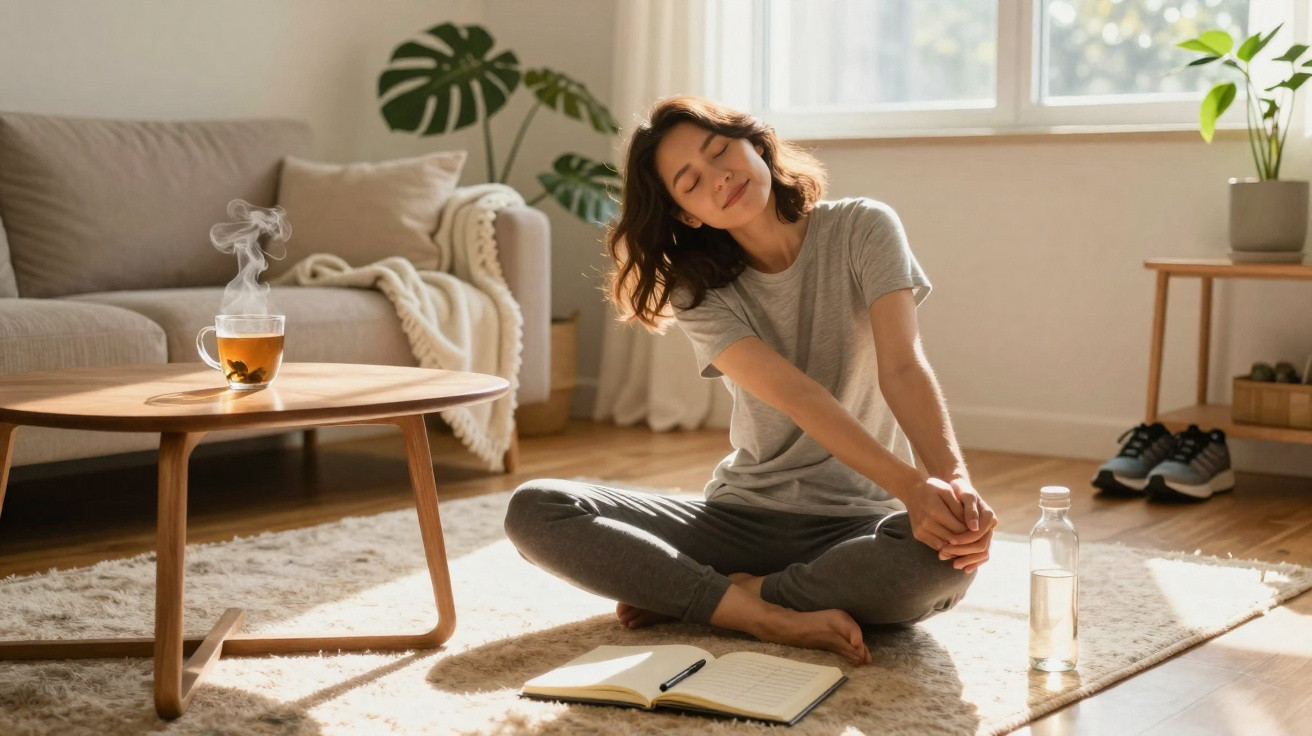 Mulher sentada no chão da sala a alongar-se, com chá quente e caderno aberto à frente, luz natural entra pela janela.
