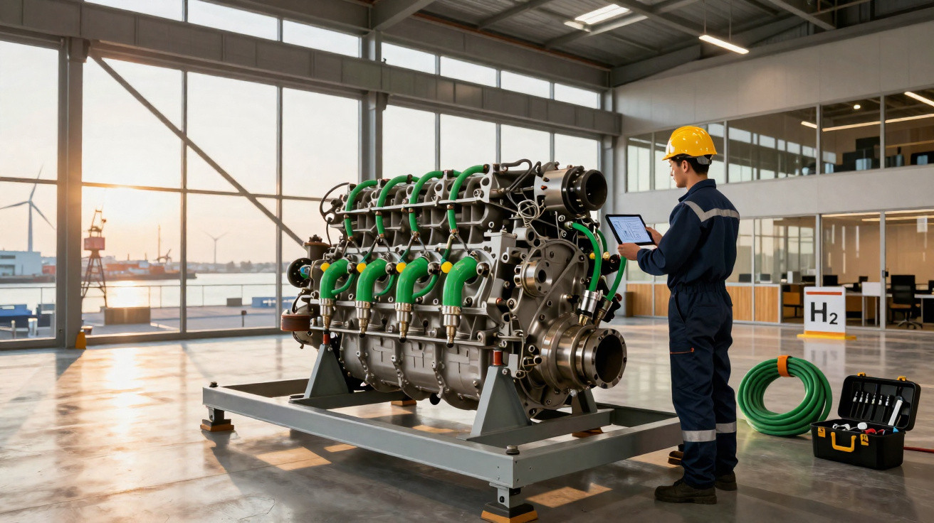 Engenheiro numa fábrica moderna a inspecionar um motor industrial complexo com tablet na mão.