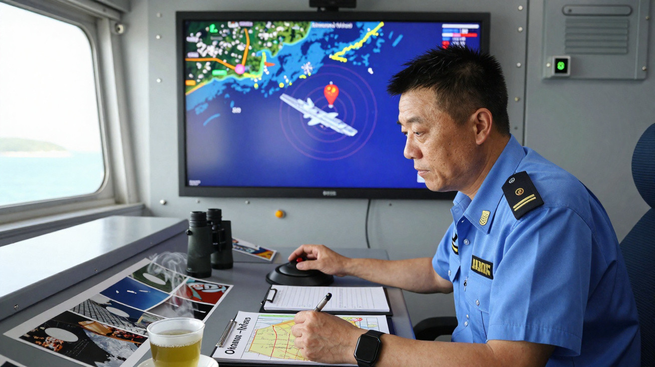Homem em uniforme azul a monitorizar e anotar dados de navegação em sala de controlo marítimo.
