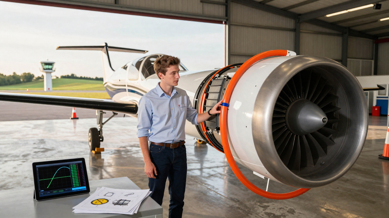 Rapaz numa oficina de aviação observa motor de avião exposto, com computador e desenhos técnicos ao lado.
