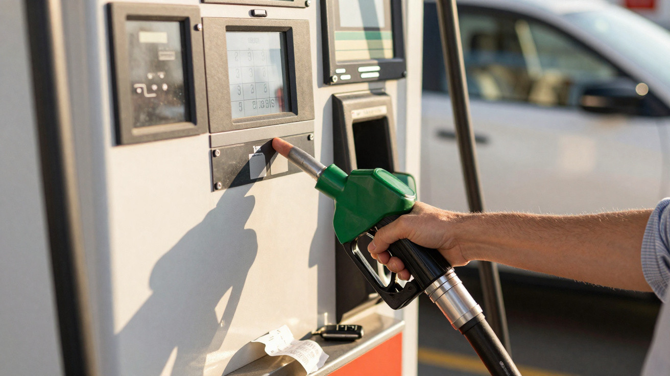 Pessoa segurando uma bomba de combustível verde numa estação de serviço ao lado de um automóvel branco.