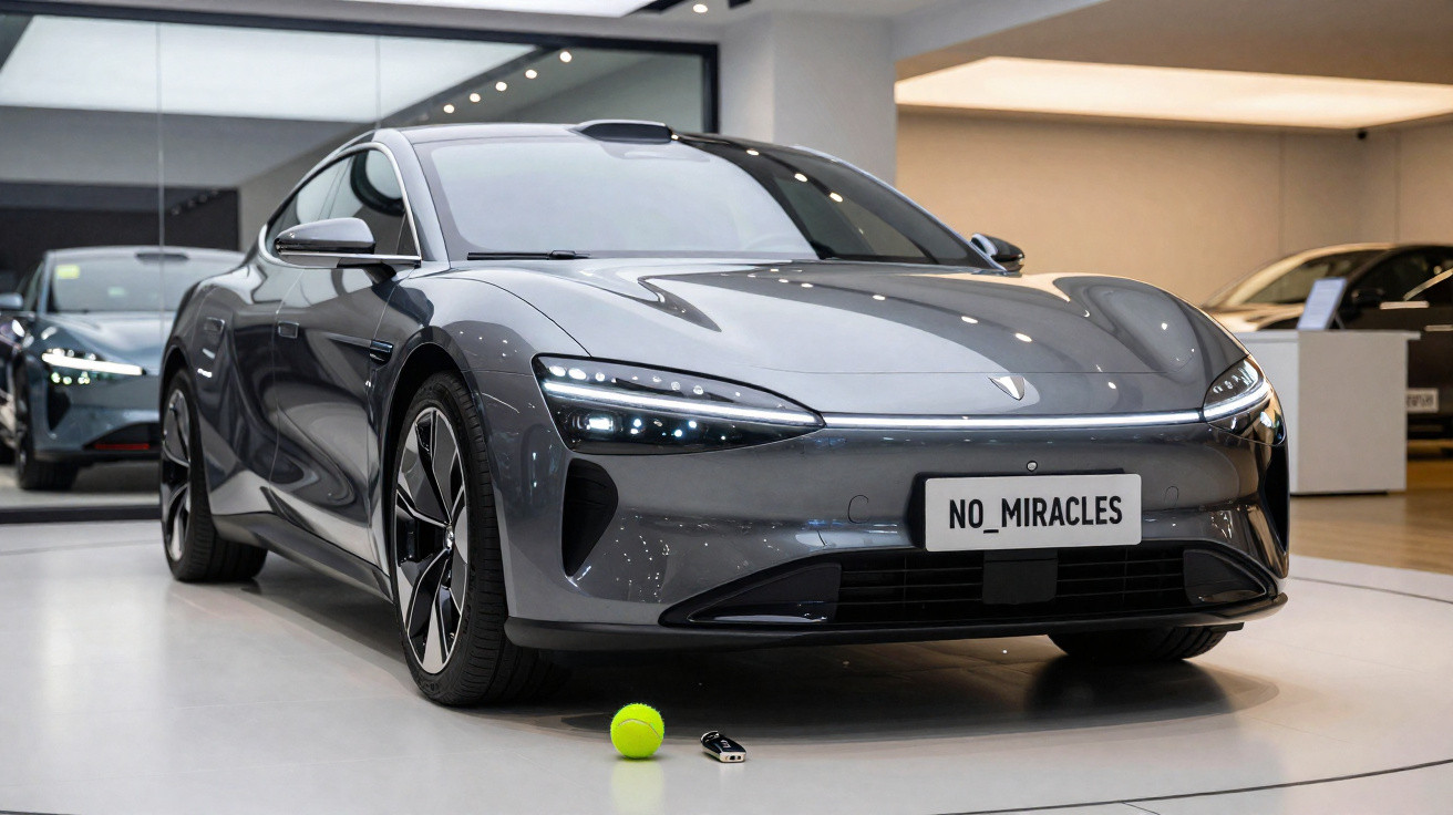 Carro elétrico cinza estacionado em showroom com luzes LED e placa personalizada "NO_MIRACLES".