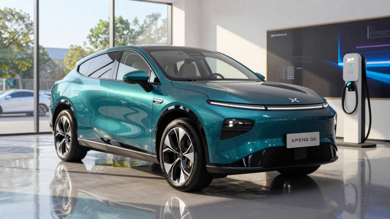 Carro elétrico XPeng G6 verde exibido numa garagem com carregador ao fundo.