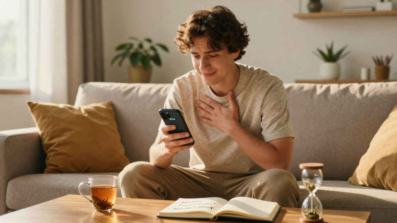 Homem sentado no sofá a sorrir enquanto lê uma mensagem no telemóvel, com chá e livro na mesa.