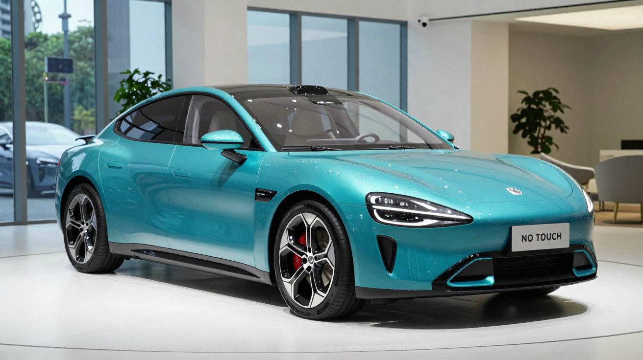 Carro elétrico azul moderno em exibição interior com placa "No Touch" no mostrador frontal.