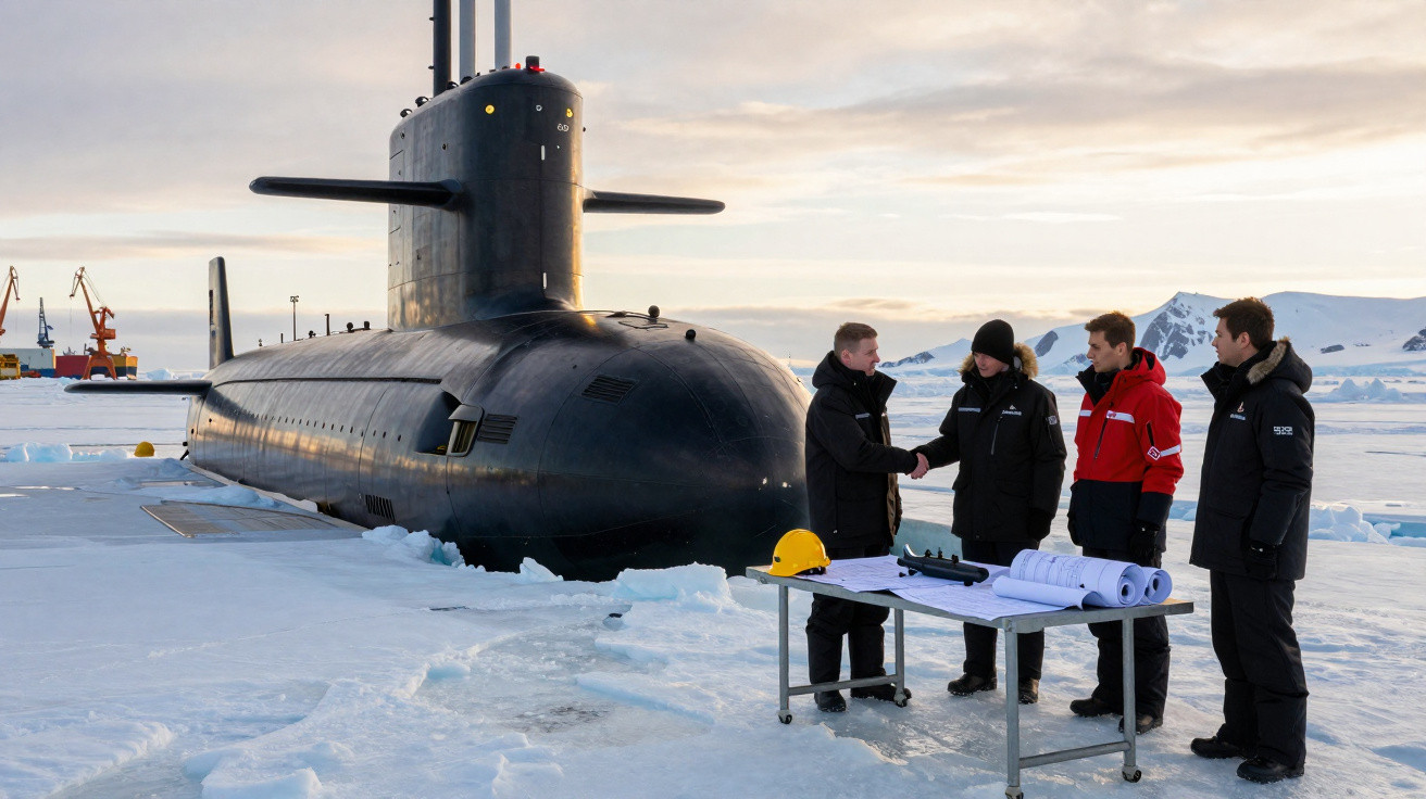 Submarino preto atracado no gelo com quatro homens de casaco a cumprimentarem-se junto a uma mesa com plantas e capacete.