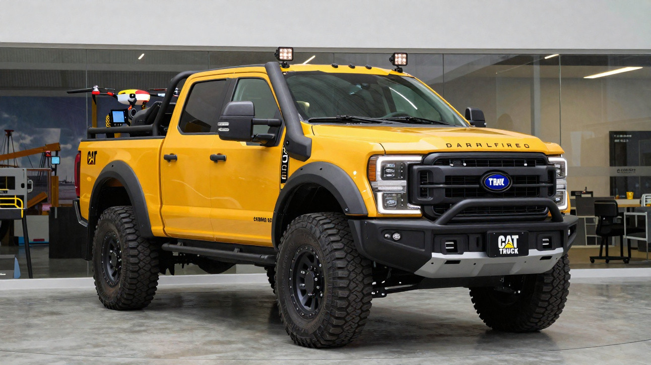 Camião de carga amarelo robusto com pneus off-road, equipado com drone na traseira, estacionado em espaço interior.