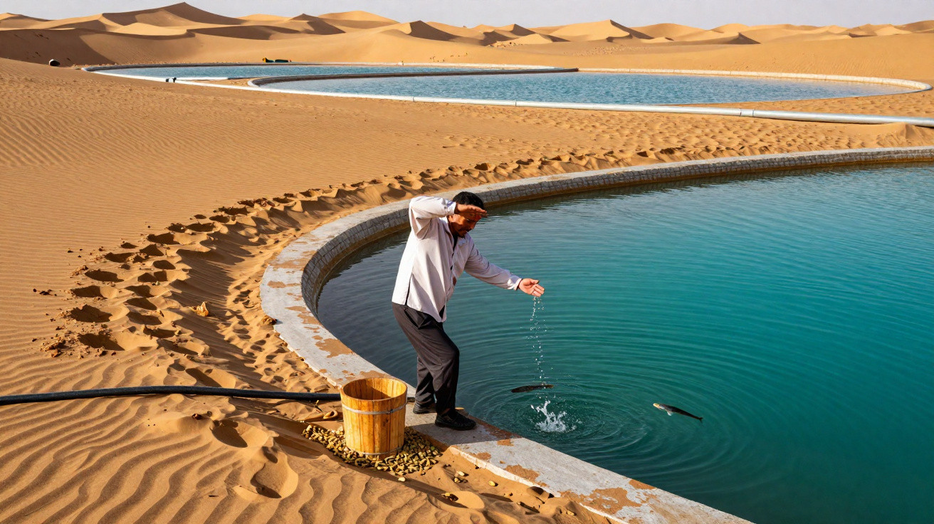Homem a alimentar peixes em lago artificial no deserto com dunas ao fundo.