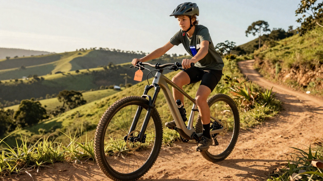 Jovem de capacete a andar de bicicleta numa trilha de terra em área rural com colinas verdes ao fundo.
