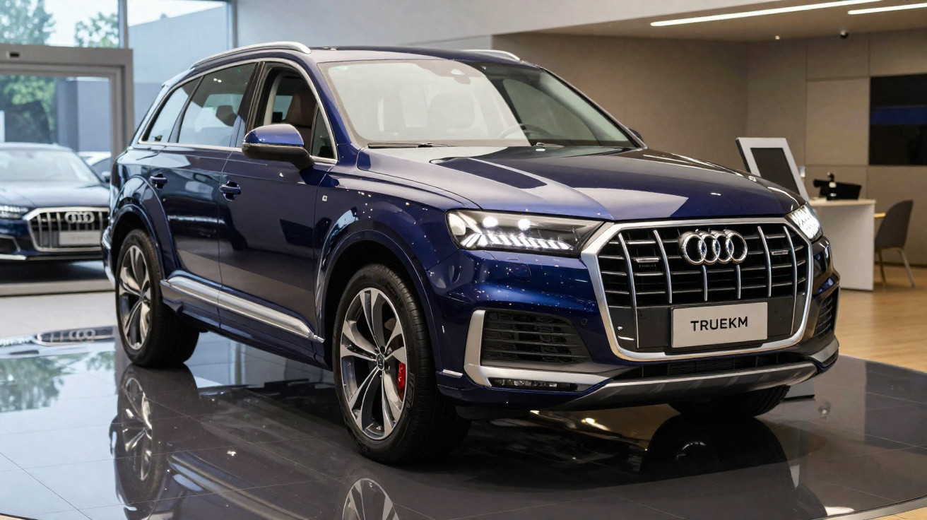 Carro Audi Q7 azul escuro em exposição num salão automóvel moderno com chão espelhado.