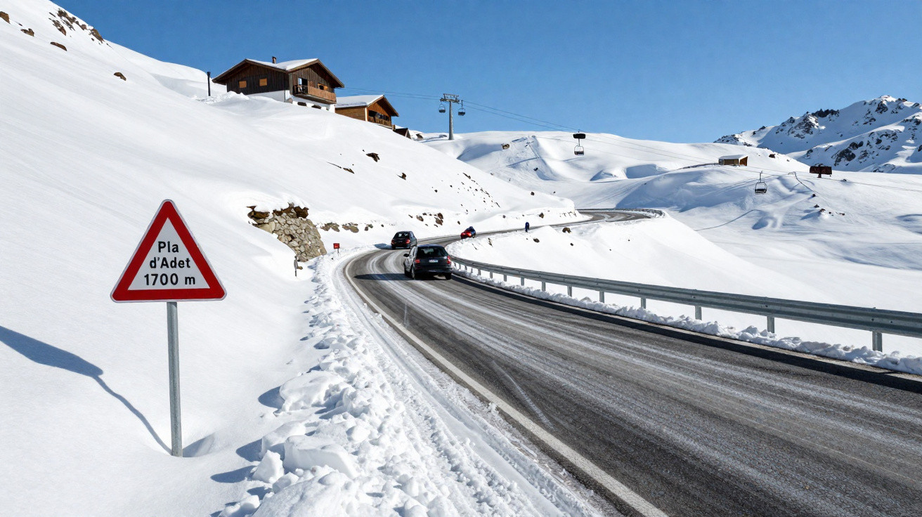 Estrada sinuosa com carros na neve, casas de madeira e montanhas cobertas de neve sob céu azul.
